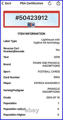 2019 Patrick Mahomes ll POP 1 AUTO GEM MINT (PSA 10) #/100 RARE SSP Autograph