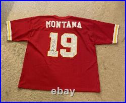 Autographed/Signed JOE MONTANA Kansas City Red Football Jersey
