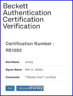 Bobby Witt Jr Signed Kansas City Royals Jersey Rookie Year Certified Autographed