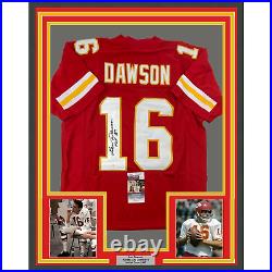 Framed Autographed/Signed Len Dawson 33x42 HOF 87 Kansas City Red Jersey JSA COA