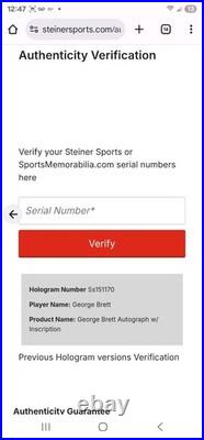 George Brett Signed Autographed Kansas City Baseball Jersey Steiner COA
