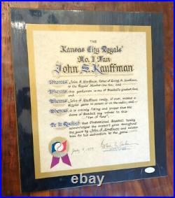 John Kaufman Ewing Kaufman Bowie Kuhn Signed Certificate JSA Kansas City Royals