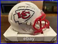 Mecole Hardman Autographed Kansas City Chiefs Flat White Mini Helmet Beckett #1
