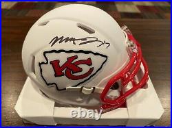 Mecole Hardman Autographed Kansas City Chiefs Flat White Mini Helmet Beckett #1