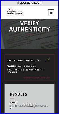 Patrick Mahomes Signed Kansas City Chiefs Mvp Football Jsa Coa