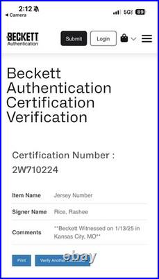 Rashee Rice Kansas City Chiefs Autographed Signed Jersey Beckett Certified