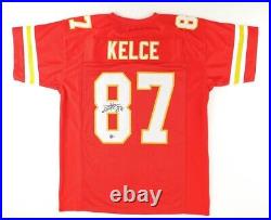Travis Kelce Signed Kansas City Chiefs RED Jersey Beckett